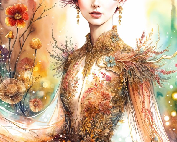 Illustration of a Woman in Floral Gown with Red Hair