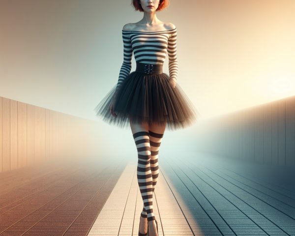 Model in Chic Striped Outfit on Wooden Platform