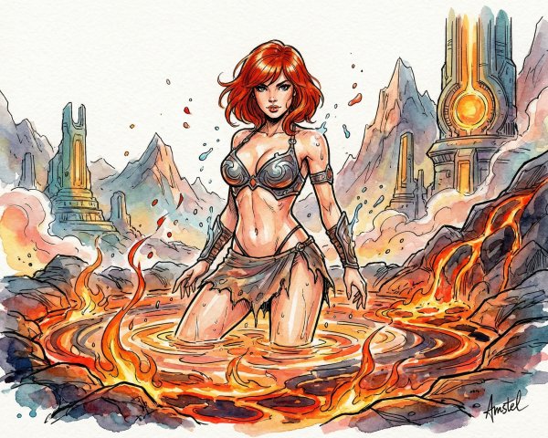 Watercolor Artwork of a Female Warrior in Lava Setting