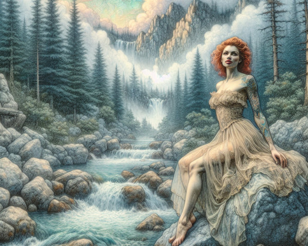 Woman with Red Hair by a River in Scenic Landscape