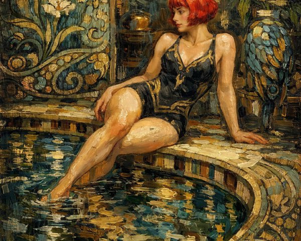 Art Deco Oil Painting of Woman by Mosaic Bath