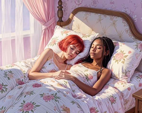 Peaceful Bedroom Scene with Two Young Women in Bed