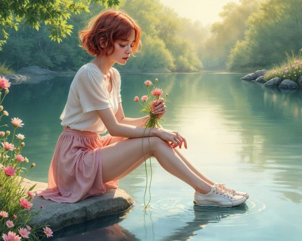 Young Woman by Serene River with Blooming Flowers