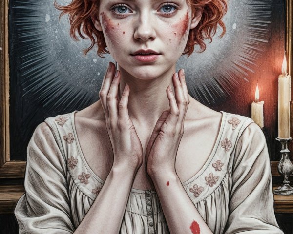 Young woman with red hair in dimly lit room
