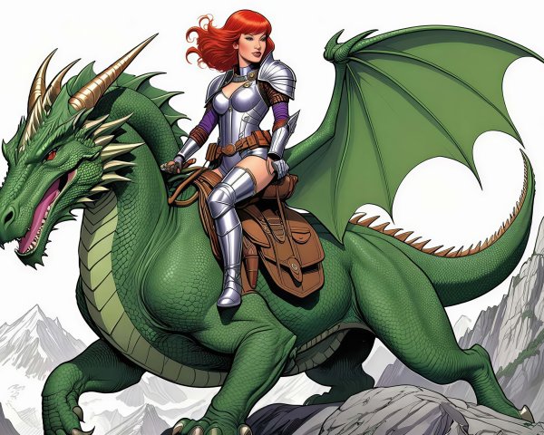 Illustration of a Dragon and Knight in a Rocky Landscape