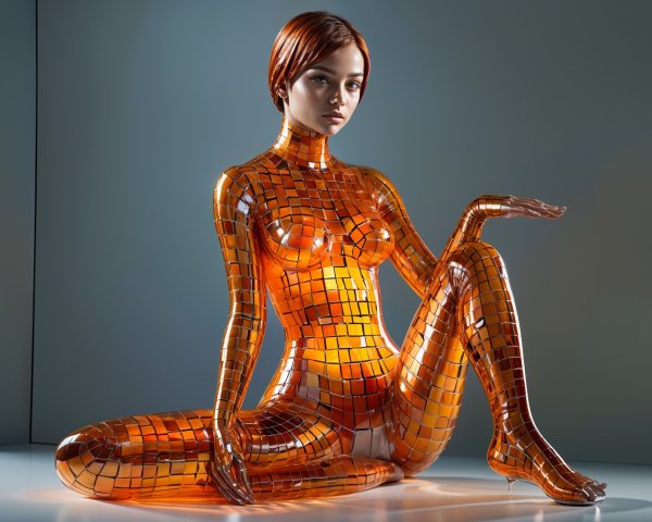 Futuristic Humanoid Figure in Shiny Orange Mosaic Tiles