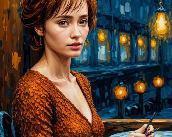 Young woman in café with warm lighting and thoughtful gaze