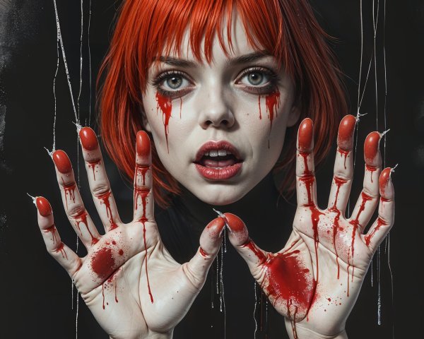 Intense Portrait of a Woman with Red Hair and Blood