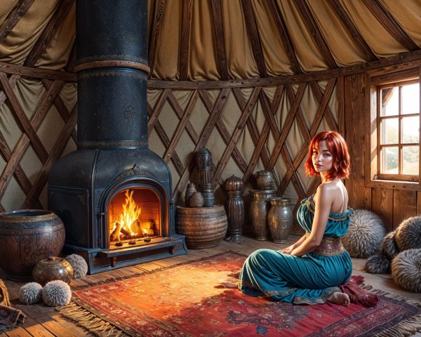 Cozy Yurt Interior with Woman in Teal Dress