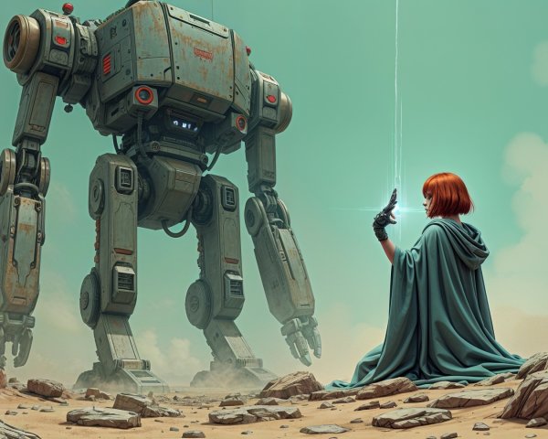 Lone Figure Faces Towering Rusty Robot in Barren Landscape