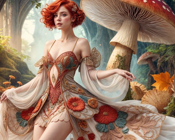 Enchanted Forest Scene with Floral Gown and Mushrooms