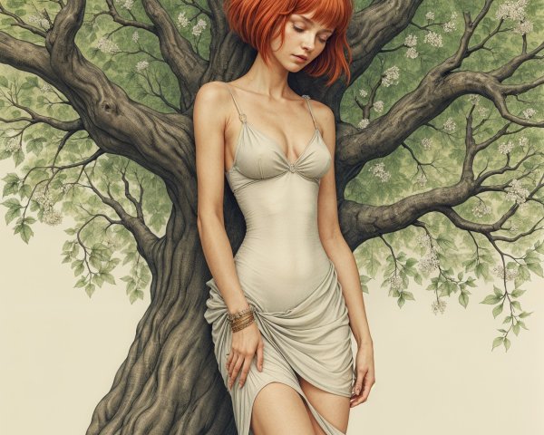 Graceful Figure with Red Hair Beside a Large Tree