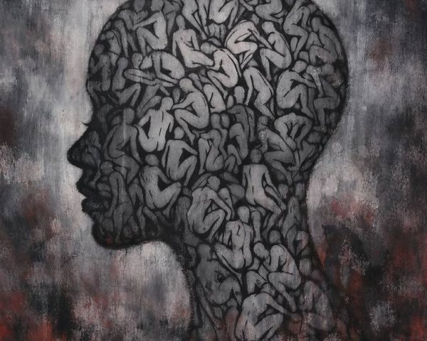 Mixed Media Painting of Silhouetted Head with Figures