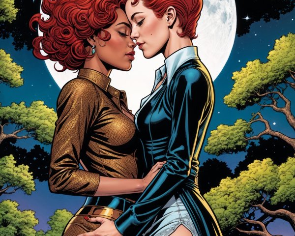 Two Women Embracing Under Moonlit Sky