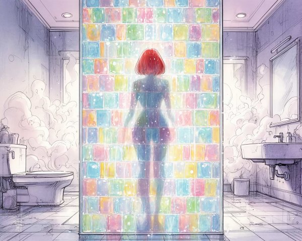Hyperrealistic Illustration of Woman in Colorful Shower
