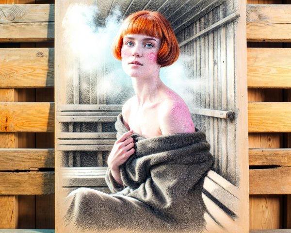 Young Woman with Red Hair in a Serene Sauna Setting