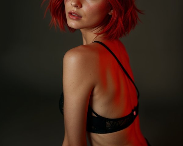 Model with Red Hair in Black Lace Lingerie Set