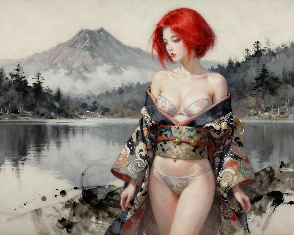 Japanese woman in kimono by lake with mountains