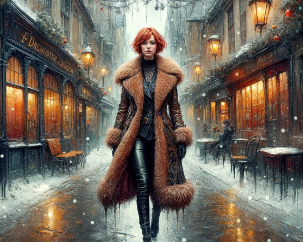 Winter Scene with Confident Woman in Fur Coat