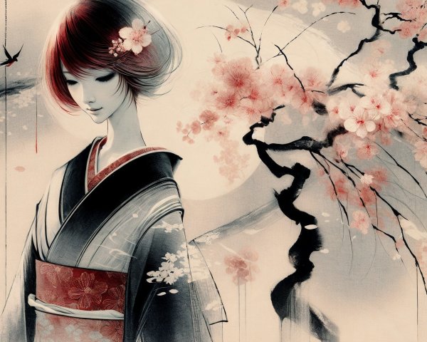 Young Woman in Kimono Surrounded by Cherry Blossoms