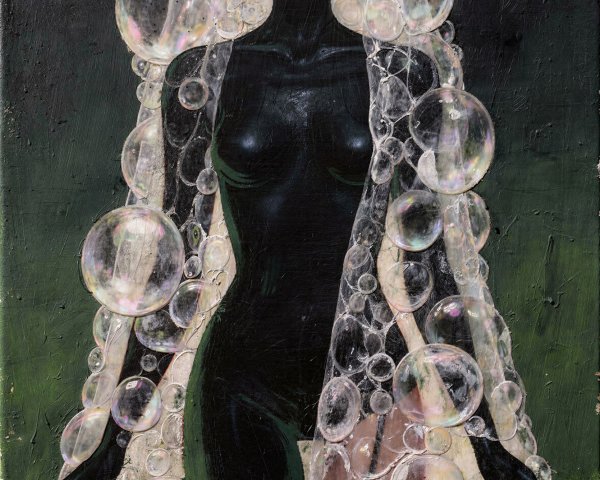 Digital painting of a woman in a black catsuit with bubbles