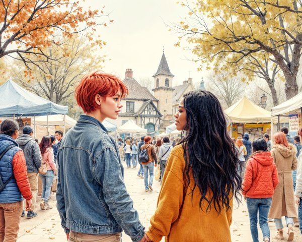 Autumn Market Scene with Colorful Tents and Couples