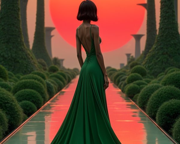 Silhouette of a Woman in Emerald Gown at Sunset