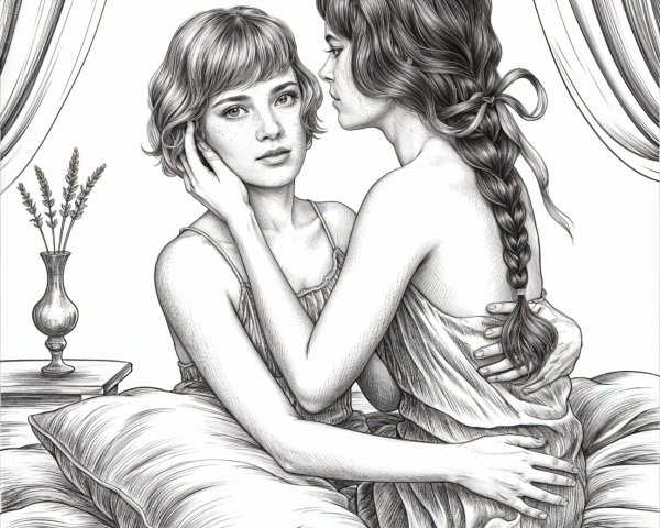 Intimate Scene of Two Women on a Bed with Flowers