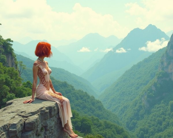 Woman with Red Hair in Mountain Landscape Setting