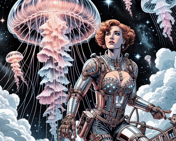 Futuristic scene with woman in metallic space suit and jellyfish