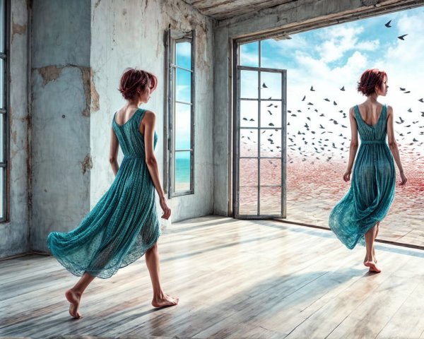 Serene Interior with Seascape and Graceful Woman
