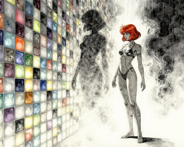 Detailed Digital Artwork of a Cyborg Woman in Grayscale