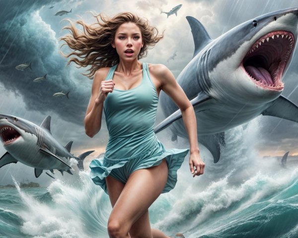 Dramatic Seascape with Woman and Sharks in Waves