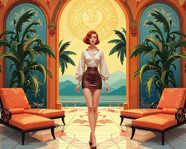 Confident Woman in Chic Outfit in Tropical Setting