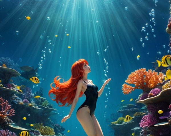 Vibrant Red-Haired Figure Swimming in Coral Reefs