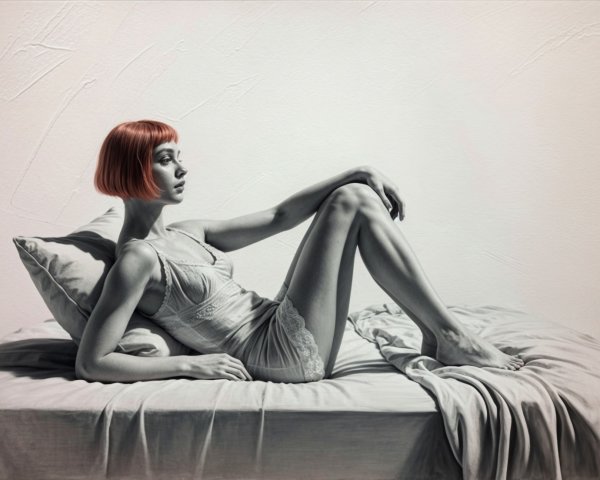 Woman in Nightgown with Sleek Bob Hairstyle on Bed