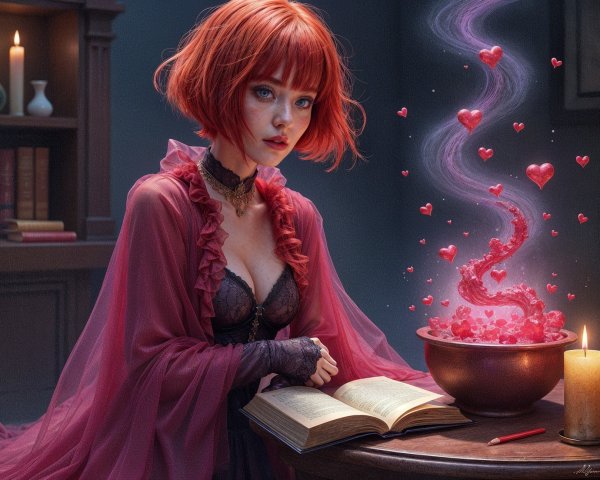 Mysterious Woman with Red Hair and Magical Cauldron