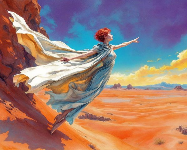 Woman in Blue Dress on Desert Ledge at Sunset