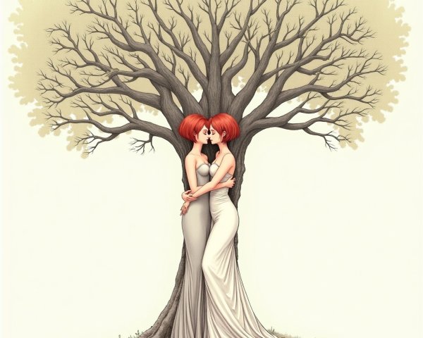 Elegant Women with Red Hair by Leafless Tree