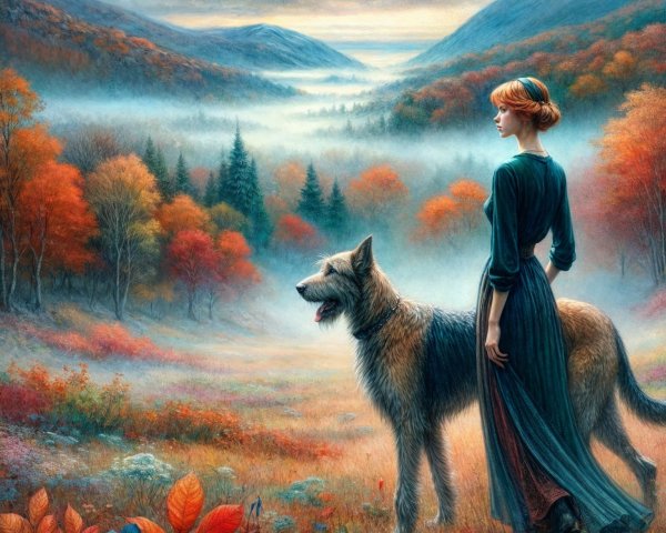 Autumn Landscape with Woman and Dog in Valley