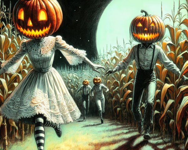 Surreal Moonlit Cornfield with Pumpkin-Head Figures
