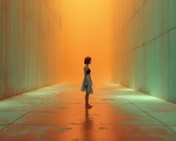 Solitary Figure in a Colorful Corridor Scene