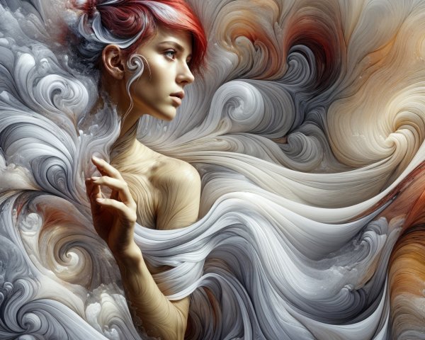 Ethereal Portrait of a Woman with Red Hair and Patterns
