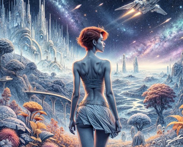 Futuristic landscape with crystalline cities and spaceship