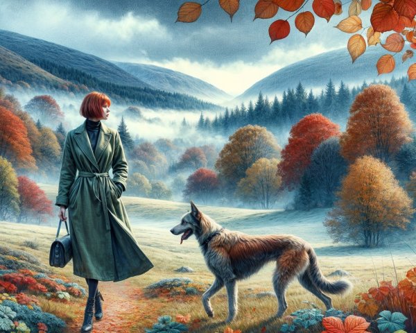 Autumn Landscape with Woman and Dog Amidst Foliage