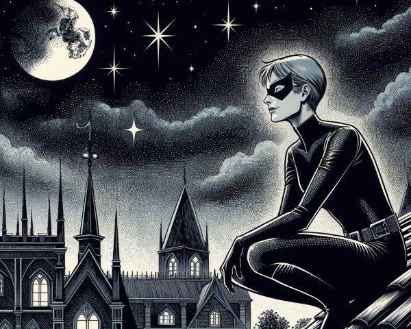 Masked Figure on Gothic Rooftop Under Starry Sky