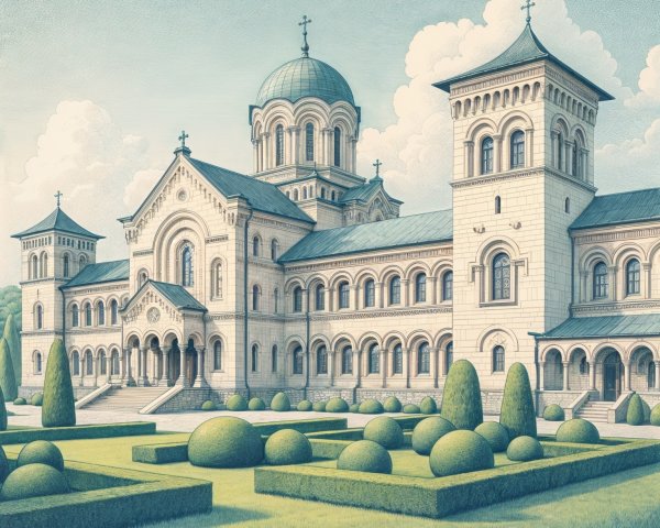 Ornate Architectural Structure with Manicured Gardens