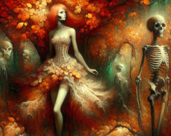 Skeletal Figure Dancing in a Mystical Autumn Forest