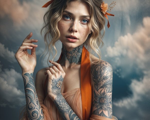 Young woman with floral tattoos and orange ribbon