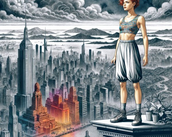 Young Woman on Rooftop Overlooking Futuristic City